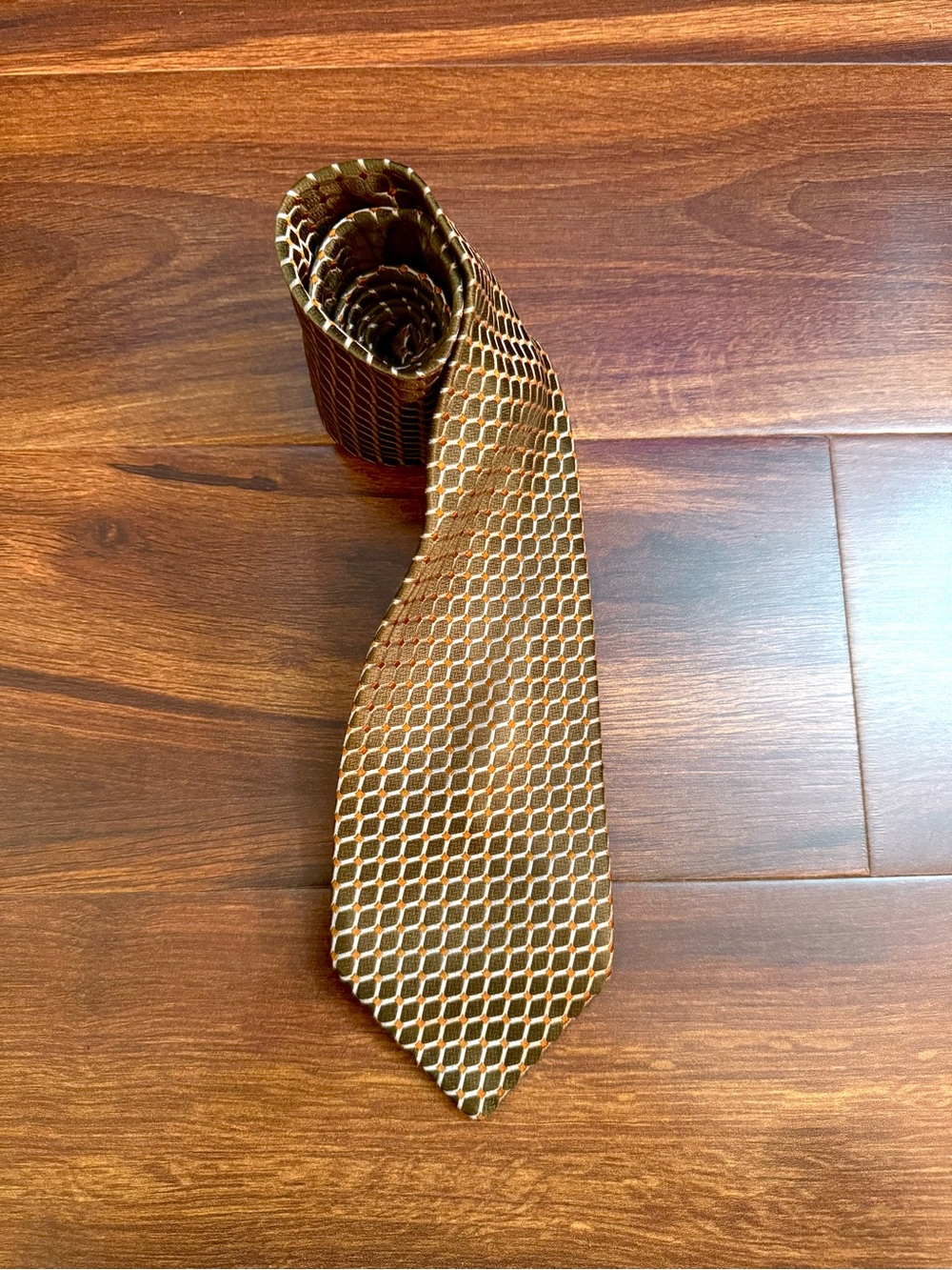 IKE BEHAR New York Brownish Green Geometric Silk Tie with Gold Accents